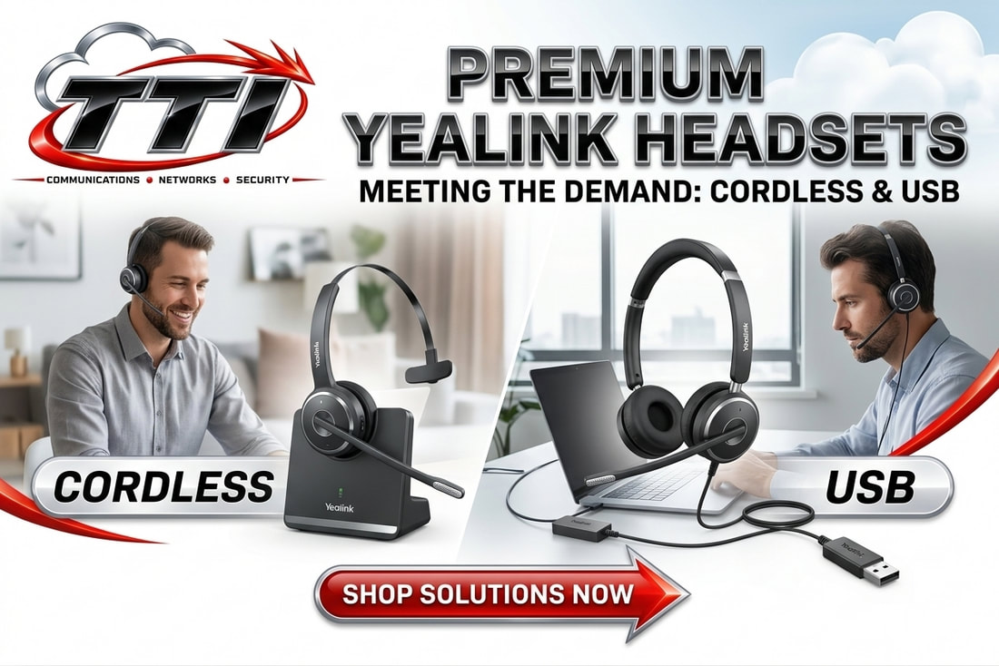 TTI Communications hero banner featuring Yealink cordless and USB headsets for business networks and security solutions
